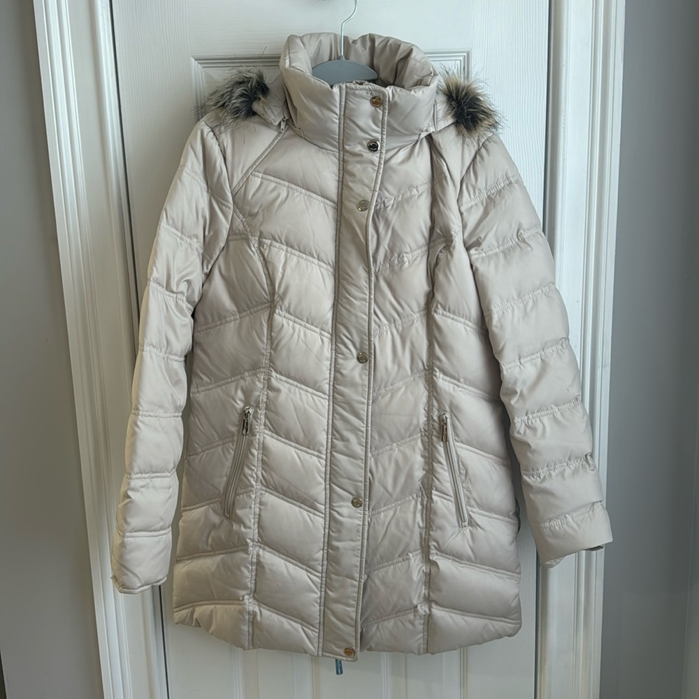 Kenneth Cole Long Puffer Coat Fur Hood and Gold Accents - Like New